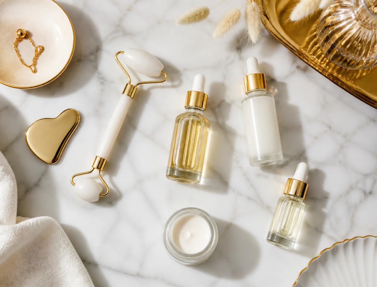 Medical-grade skincare products on a marble surface