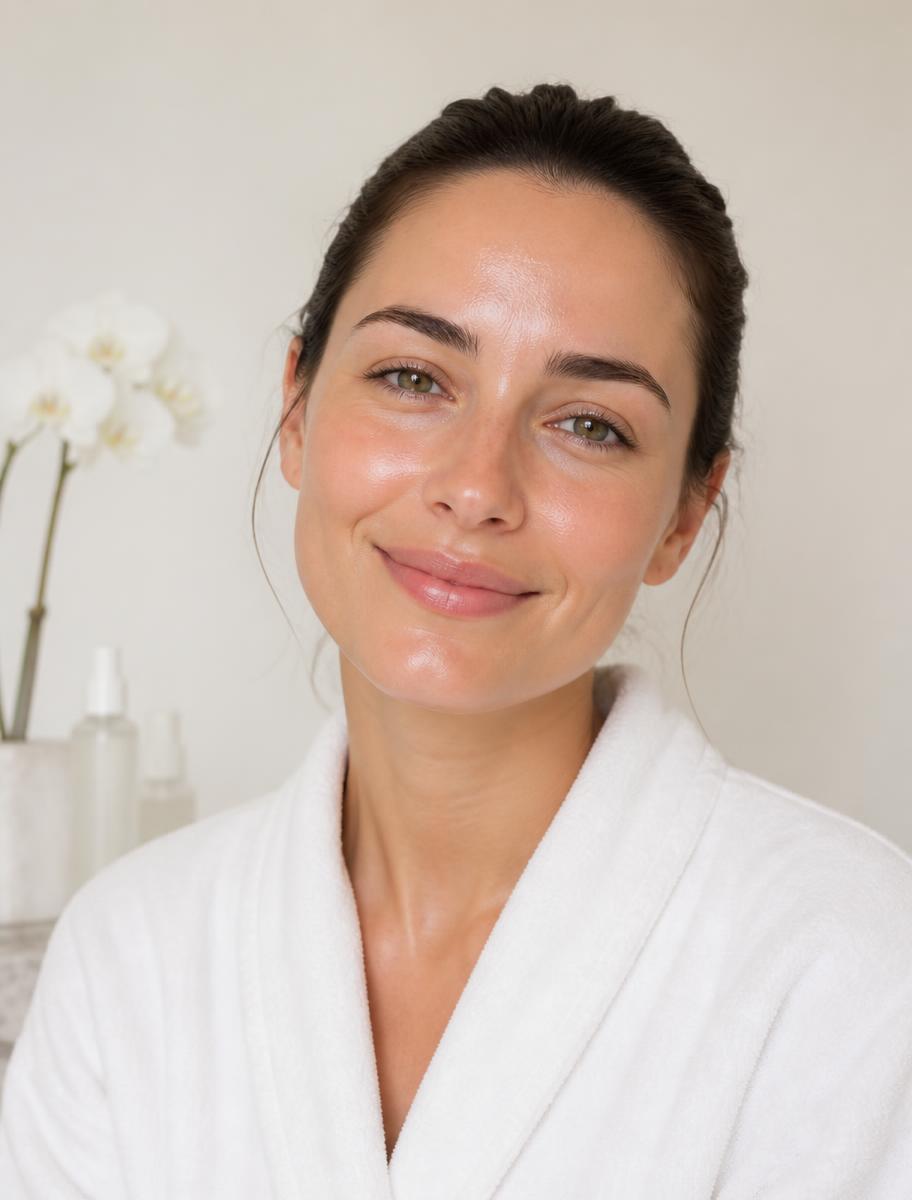Client smiling with fresh, glowing skin after a facial